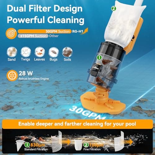 Cordless Pool Vacuum with Telescopic Pole, Powerful 30 GPM Suction, Advanced Dual Filtration, Replaceable Battery, Handheld Rechargeable Pool Cleaner for Above Ground and Inground Pools, Orange - Thumbnail 3