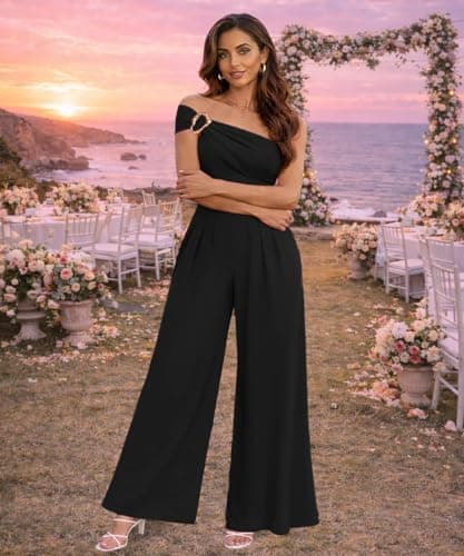 knowfashionstyle Jumpsuit For Women Dressy Off Shoulder Casual Wide Leg Pants Formal Jumpsuits Party Sexy One Piece Outfits Black M - Thumbnail 4