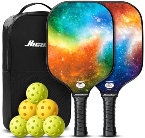 Hicober Pickleball Paddles Set of 2 | Lightweight Fiberglass Face, Cushion Grip, USA Pickleball Approved | Beginner & Intermediate Set for Indoor/Outdoor Play, 2 Paddles + 4 Balls + Carry Bag - Image 1