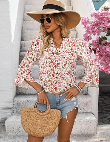 LOOKBOHO Womens 3/4 Sleeve Tops Dressy Casual Floral Boho Blouses Ruffle Sleeve Button V-Neck Trendy Shirts White&Red L - Thumbnail 5