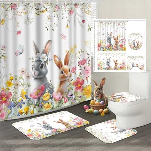 Lofaris 4pcs Shower Curtain Set with Non-Slip Rugs, Adorable Bunny and Floral Easter Spring Design, Includes Shower Curtain, Toilet Lid Cover, and Bath Mat, Polyester Fabric Bathroom Set with 12 Hooks - Image 1
