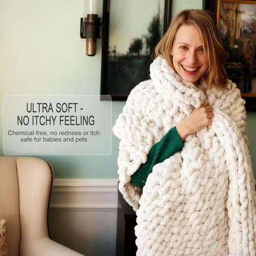 Luxury Super Chunky Knit Throw Blanket, Handmade Chenille Cable Knit Crochet Blanket 50x60, Soft Thick Chunky Yarn Knit Throw for Couch & Bed, No Shedding, Ivory/Cream Home Decor Gift - Thumbnail 2