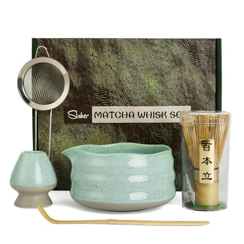Sisher Matcha Whisk set,Matcha Bowl with Spout，Cute Matcha Set(5pcs)Matcha Bowl , Bamboo Whisk, Matcha Scoop, Matcha Whisk Holder (Chasen Holder), Stainless Steel Sifter, Matcha Making Kit(Green) - Image 1