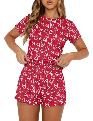 Ekouaer Cute Pajamas for Women Set 2 Piece Ribbed Pjs Short Sleeve Crop Top and Shorts Sleepwear Summer Soft Pajamas Set 2026 Y2K Lounge Sets Red Love Medium - Image 1