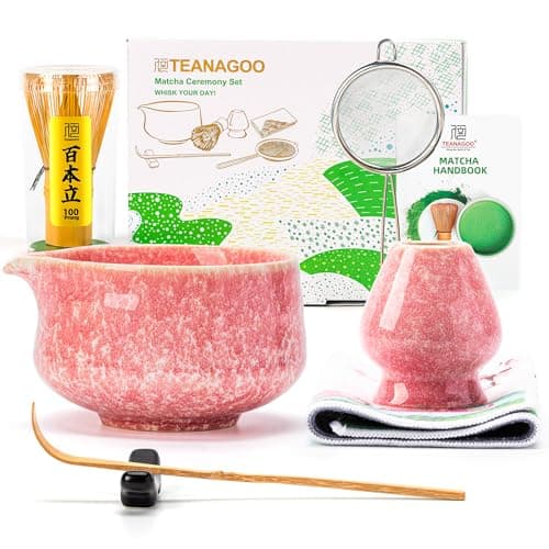 TEANAGOO Matcha Whisk Set,7 Pcs Matcha Set Pink for Making Latte,Ceramic Bowl(chawan) whith Spout and Whisk,Gift for Friend/Family - Image 1