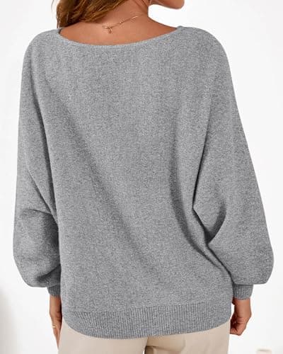 KIRUNDO Oversized Sweaters for Women Cozy Fall Fashion Boat Neck Batwing Sleeve Knit Pullover Sweater Tops Winter Clothes(Grey, X-Large) - Thumbnail 2