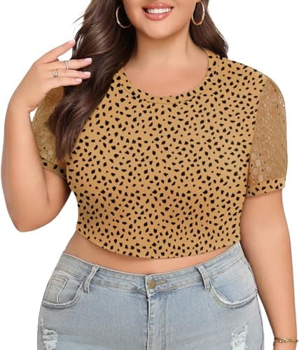 Lastshe Womens Plus Size Funny Crop Tops for Women Summer Lace Short Sleeve Basic Workout Shirts Beach Fashion Tees,Khaki Leopard,4X - Image 1