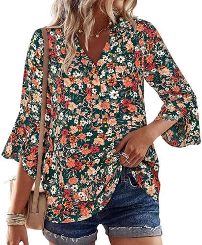 LOOKBOHO Tops for Women 3/4 Sleeve Floral Boho Blouses Sleeve Button V-Neck Casual Business Shirts Orange S - Image 1