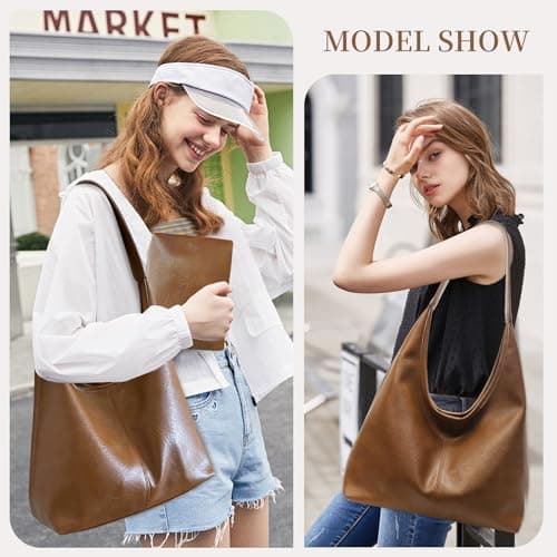 JueiXeoy Slouchy Tote Bag for Women Hobo Bags Soft Vegan Leather Hobo Purse Shoulder Bag Retro Travel College Work Tote Handbags 2pcs Brown - Thumbnail 6