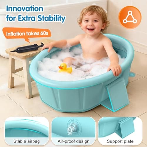 Baby Bathtub with Inflatable Top Edge, Extra Stable Infant Bath Tub, Collapsible & Portable for Baby Bath Time, No Tilt Design for 12M-6Y Newborn, No Assembly for Travel Shower - Thumbnail 3
