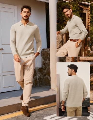 PJ PAUL JONES V Neck Sweater Men Casual Collared Pullover Sweater Long Sleeve Textured Sweater Beige - Thumbnail 6