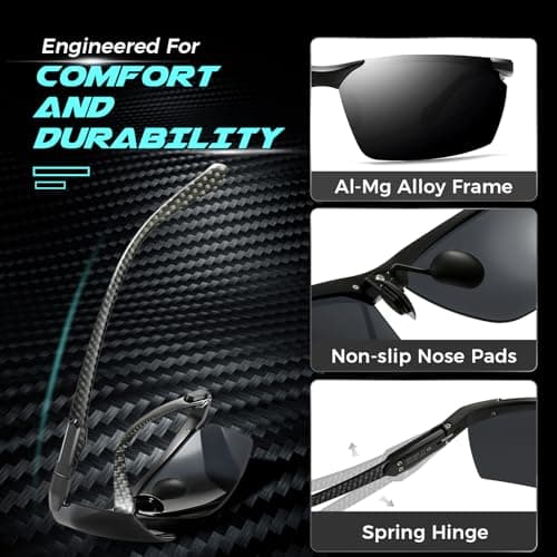 SUNGAIT Carbon Fiber Men’s Sports Polarized Sunglasses for Driving Fishing Running Gifts Eye Protection(Black/Grey(Green Case)) - Thumbnail 5