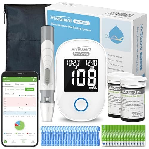 VivaGuard Ino Smart Blood Glucose Monitor Kit with Free App, Bluetooth and Rechargeable Blood Glucose Meter with 100 Strips & 30G Lancets, 1 Lancing Device, Blood Sugar Diabetes Testing Kit, No Coding