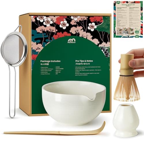 Matcha Whisk Set, Ceramic Bowl Matcha Kit & Handcrafted Bamboo Chasen, Complete 5 Pcs Matcha Set Whisk and Bowl, Stainless Steel Sifter, Bamboo Scoop & Holder for Matcha Lovers - Image 1