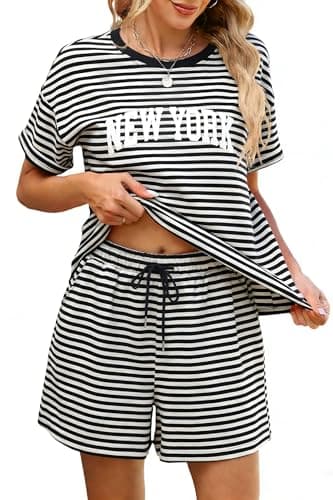 QLIPIN Two Piece Sets for Women Summer Striped Lounge Sets Letter Print Short Sleeve Shirts and Shorts Matching Set - Image 1