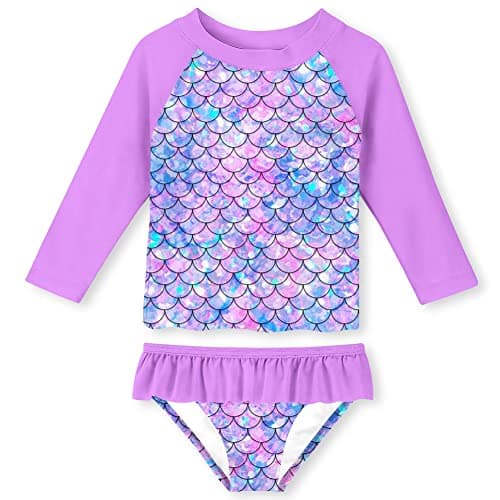Funnycokid Rashguard Swimsuit for Girls Size 6 7 Mermaid 2 Piece Long Sleeve Bathing Suit Purple Swimwear Rash Guard Swim Sets Quick Dry Kids 6-7 Years - Image 1