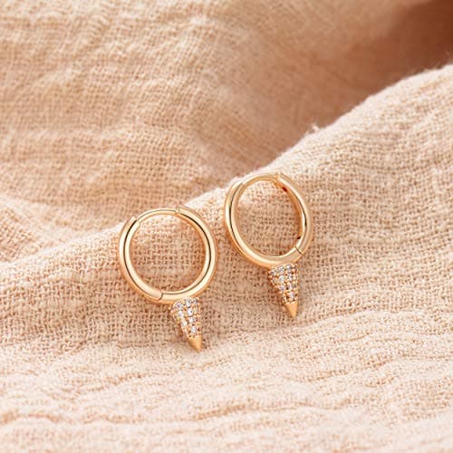 VALLOEY ROVER Huggie Earrings Gold for Women 14K Gold Plated Cubic Zirconia Awl Cone Huggie Hoops Dainty Shiny Hoop Earrings - Thumbnail 4
