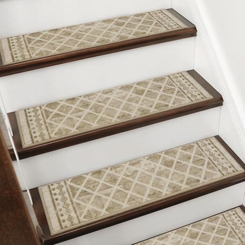 BEQHAUSE Stair Treads for Wooden Steps Non-Slip Indoor Stair Runner Washable Carpet For Stairs Self-Adhesive Stair Rug for Elders Kids and Pets, 8X30 In, 15 PCS, Geometric Diamond Pattern, Light Brown - Image 1