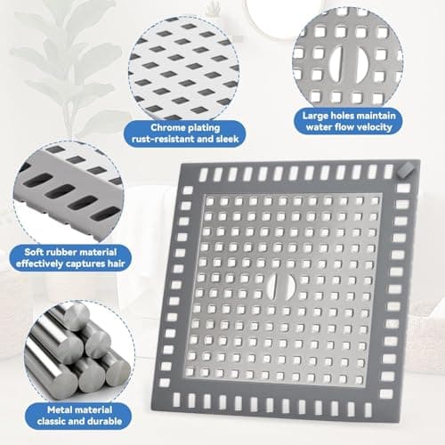 Shower Drain Hair Catcher, 4.72" Shower Drain Cover, All-in-One Universal Sink & Shower Drain Strainer, Easy Installation, Stainless Steel and Silicone Bathroom Accessories for Tub, Bathtub (Square) - Thumbnail 6