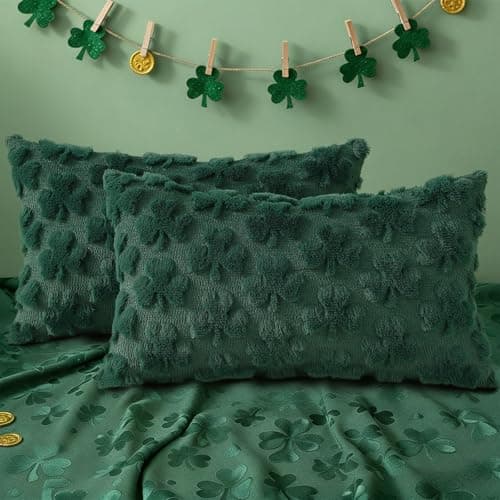 decorUhome Faux Fur Throw Shamrock Green Pillow Covers 12x20 Set of 2 - Thumbnail 6