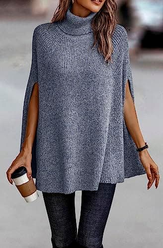 KIRUNDO Women's 2026 Fall Winter Turtleneck Poncho Sweater Fashion Chunky Knit Cape Wrap Sweaters Pullover Jumper Tops(Grey Blue, Small) - Thumbnail 3