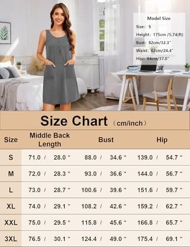 ouansyltg Women's Cotton Nightgowns Summer Sleepwear Button Down Sleep Shirts Sleeveless Tank Sleep Dress with Pockets Deep Grey - Thumbnail 6