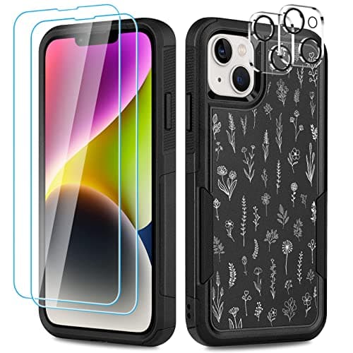 LOQUPE [5 in 1 for iPhone 14 Case,with 2 Pack Screen Protector + 2 Pack Camera Lens Protector,Heavy-Duty Tough Rugged Lightweight Slim Shockproof Protective Case for Women Girls,Cute White Flower - Image 1