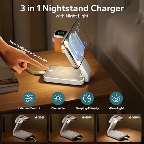 Eazpower 3 in 1 Foldable Wireless Travel Charging Station for MagSafe, Nightstand Magnetic Charger Stand for iPhone 17 16 15 14 Pro Max, Charging Dock with Night Light for Apple Watch/AirPods (White) - Thumbnail 2