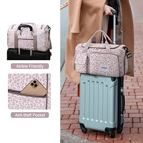WOOMADA Foldable Travel Duffel Bag with Shoes Compartment, Overnight Bag with Wet Pocket & Trolley Sleeve, Weekender Bags for Women(A-pink leopard) - Thumbnail 6
