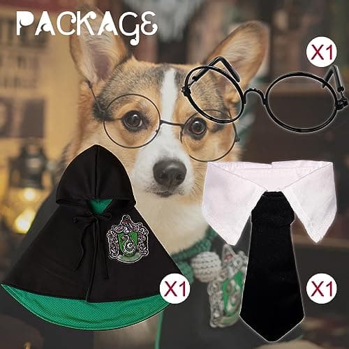 Dog Cat Costumes with Glasses and Neckties,Cosplay Costume Set Perfect for Party and Gifts for Cat Dog (Slytherin, Small) - Thumbnail 6