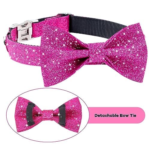 Jumpress Girl Dog Collar with Bow, Bling Female Bowtie Dog Collar for Small Medium Dogs Daily Walking or Holiday Party (Hot Pink, Neck fit 13-19’’) - Thumbnail 3