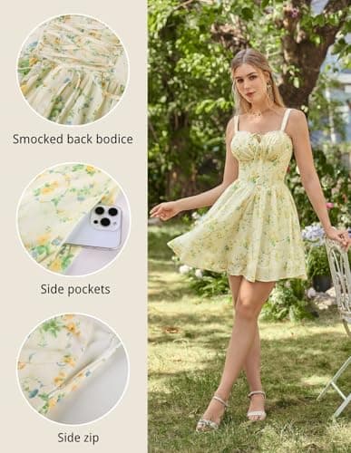 Scarlet Darkness Floral Corset Dress Sundresses for Women 2026 Summer Mini Graduation Dress Yellow Green Floral 2XL - Thumbnail 5