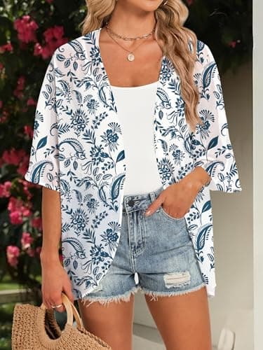 GKBK Women's Floral Print Puff Sleeve Kimono Cardigan Loose Cover Up Beachwear Capes Swimwear Casual Blouse Tops Ladies Shirts Blue Floral XL - Thumbnail 2
