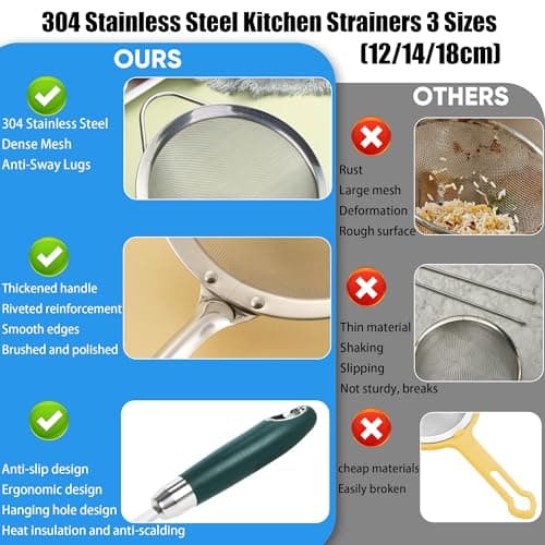 304 Stainless Steel Fine Mesh Strainer Set, 3 Sizes 12/14/18cm Kitchen Strainers, 40 Mesh Sieve for Rice, Pasta, Flour, Tea & Juicing, Rust-Resistant Food Strainer with Long Handle, Dishwasher Safe - Thumbnail 4
