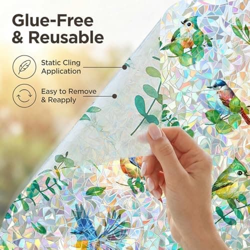 Stained Glass Privacy Window Film, Rainbow Bird & Leaf Static Cling Decorative Film for Kitchen, Bathroom & Home, Day & Night Privacy, No Glue Renter Friendly, Includes Free Squeegee, 23.6"W x 78.7"H - Thumbnail 6