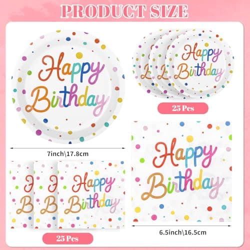 NatNarr 50 Pcs Happy Birthday Paper Plates and Napkins, 7 Inch Colorful Polka Dot Birthday Cake Dessert Plates Disposable Tableware Set for Birthdays Party Decorations, 25 Guests - Thumbnail 3