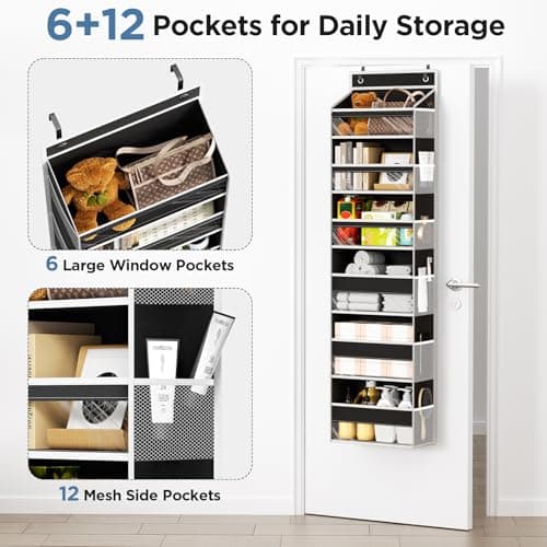 Mefirt Over The Door Organizer, 6 Shelf Door Hanging Organizers with 6 Large Capacity Pockets, Behind Door Storage Hanging Shelves for Closet Wall Bathroom Bedroom Nursery - Thumbnail 4