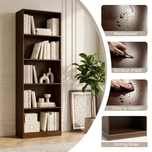 VAFHYLLIS Bookshelf, 5 Cube Storage Organizer Bookshelves Bookcases, Floor Freestanding 5 Tiers Open Storage Shelves 71 Inches Tall Bookcase Furniture for Home Office, Living Room, Walnut Color - Thumbnail 5