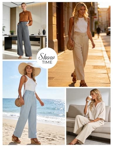 GRACE KARIN Wide Leg Pants for Women Boho High Waisted Palazzo Lightweight Linen Trousers Lounge Casual Clothing Light Blue XX-Large - Thumbnail 4