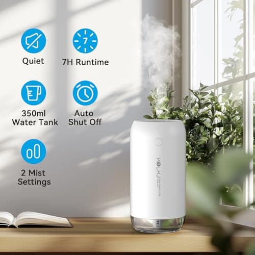 Portable Mini Humidifier, KQLKJ 350ml Small Cool Mist Humidifiers, USB Personal Desktop Humidifier for Bedroom Car Office Travel with Auto Shut-Off & 2 Mist Modes (White) - Thumbnail 2