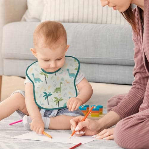 CIVARUA KIDS 3-Pack Waterproof Baby Bibs for Eating - Mess Proof Lightweight Toddler Feeding Bibs with Large Food Catcher, Food-Grade Baby Eating Essentials, Easy to Put On & Clean(Blue Dinosaur) - Thumbnail 6