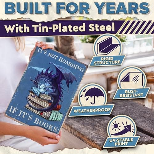 It's Not Hoarding If It's Books Metal Sign – Dragon Wall Art, Durable Non-Fade Tin Sign, Funny Vintage Dragon Wall Decor 8x12", Great Valentines Day Gifts for Book Lovers, Bedroom, Cafe, Library Decor - Thumbnail 4