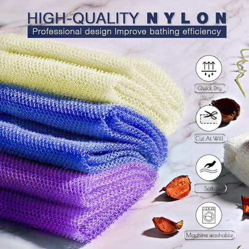 UJFQBH 3 Pieces African Bath Sponge African Net Long Net Bath Sponge Exfoliating Shower Body Scrubber Back Scrubber Skin Smoother,Great for Daily Use (Purple,Blue,Off-White) - Thumbnail 4
