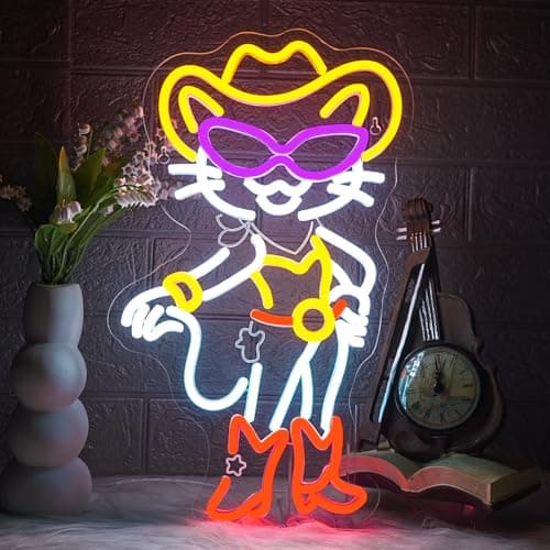 ineonlife Cowboy Neon Sign Cat Neon Signs for Wall Decor Mode LED Lights for Room Personality Light Up Western Decor for Bar Pub Birthday Party Gifts for Teens Gifts for Cat Lovers - Image 1