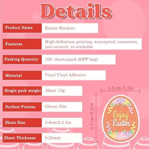 Easter Egg Stuffers - 100 PCS Happy Egg Bunny Stickers for Kids - Vinyl Easter Games Crafts Activities Party Favors - Basket Stuffers for Toddler - Kids Gifts for Boys Girls - Thumbnail 4