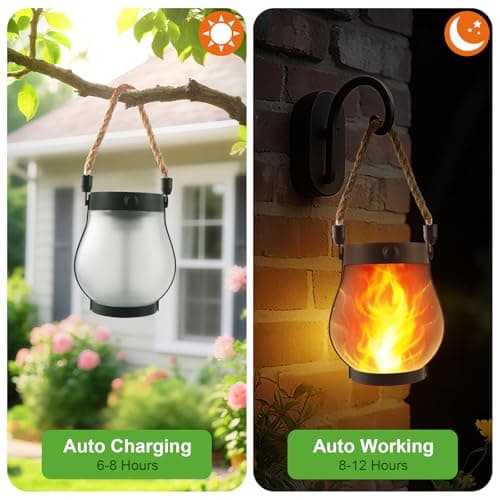 Solar Lanterns Outdoor Lights,Upgraded Flickering Flame Solar Lanterns Lights with 2 Modes Dual Charging USB & Solar, Outdoor Waterproof Hanging Lantern for Party Holiday Yard Patio Path Garden Decor - Thumbnail 5