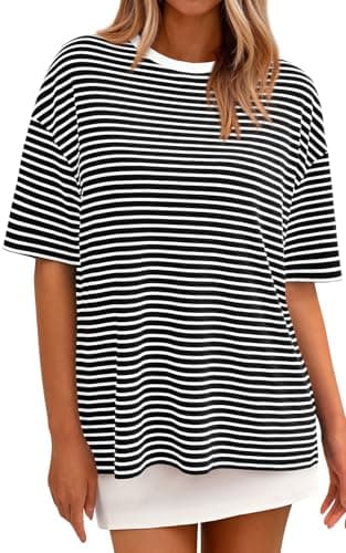 PRETTYGARDEN Oversized Short Sleeve T Shirt Women Striped Summer Casual Loose Fit Crewneck Basic Tops Workout Gym Tee Shirt (Black Striped, Small) - Image 1