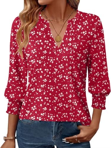 GKBK Womens 3/4 Sleeve Shirts V Neck Dressy Casual Spring Summer Blouses with Smocked Cuffs Red Floral - Image 1