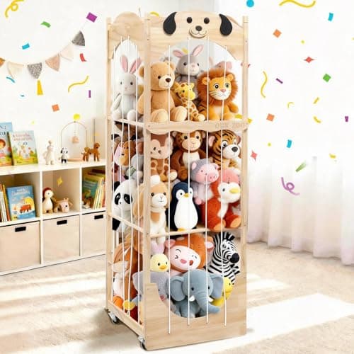 Stuffed Animal Storage & Organizer, Wooden Zoo Toy Holder with Cute Puppy Design, Large Plushies & Stuffy Storage with Elastic Cords, Kids Stuffed Animal Cage for Playroom, Bedroom, Nursery - Image 1