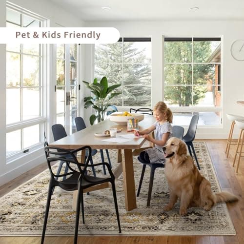 5x7 Area Rug, Short Pile Non-Slip Washable Foldable Floor Mat for Living Room Bedroom Dining Room Kids Room Office, Modern Decorative Carpet in Beige and Yellow - Thumbnail 3